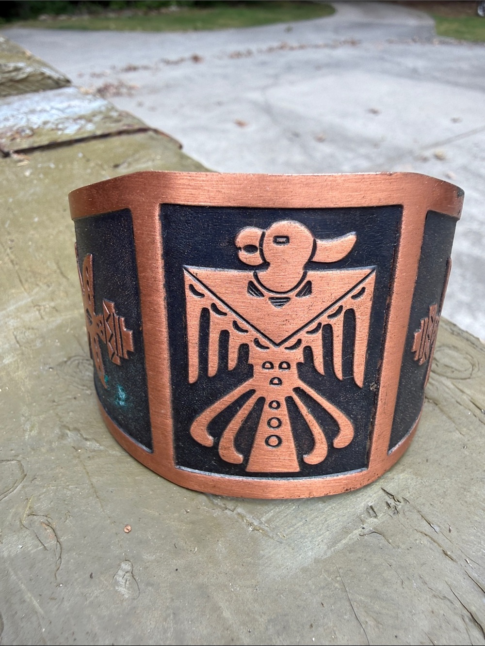 Vtg COPPER BELL TRADING 2" Wide THUNDERBIRD CUFF BRACELET Southwest Fred Harvey